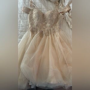 gold off the shoulder homecoming dress, ballgown and princess style